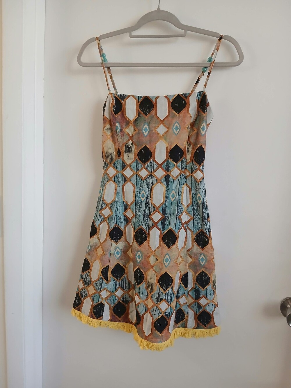 Spaghetti Strap Geometric Print Summer Dress in Teal and Mustard